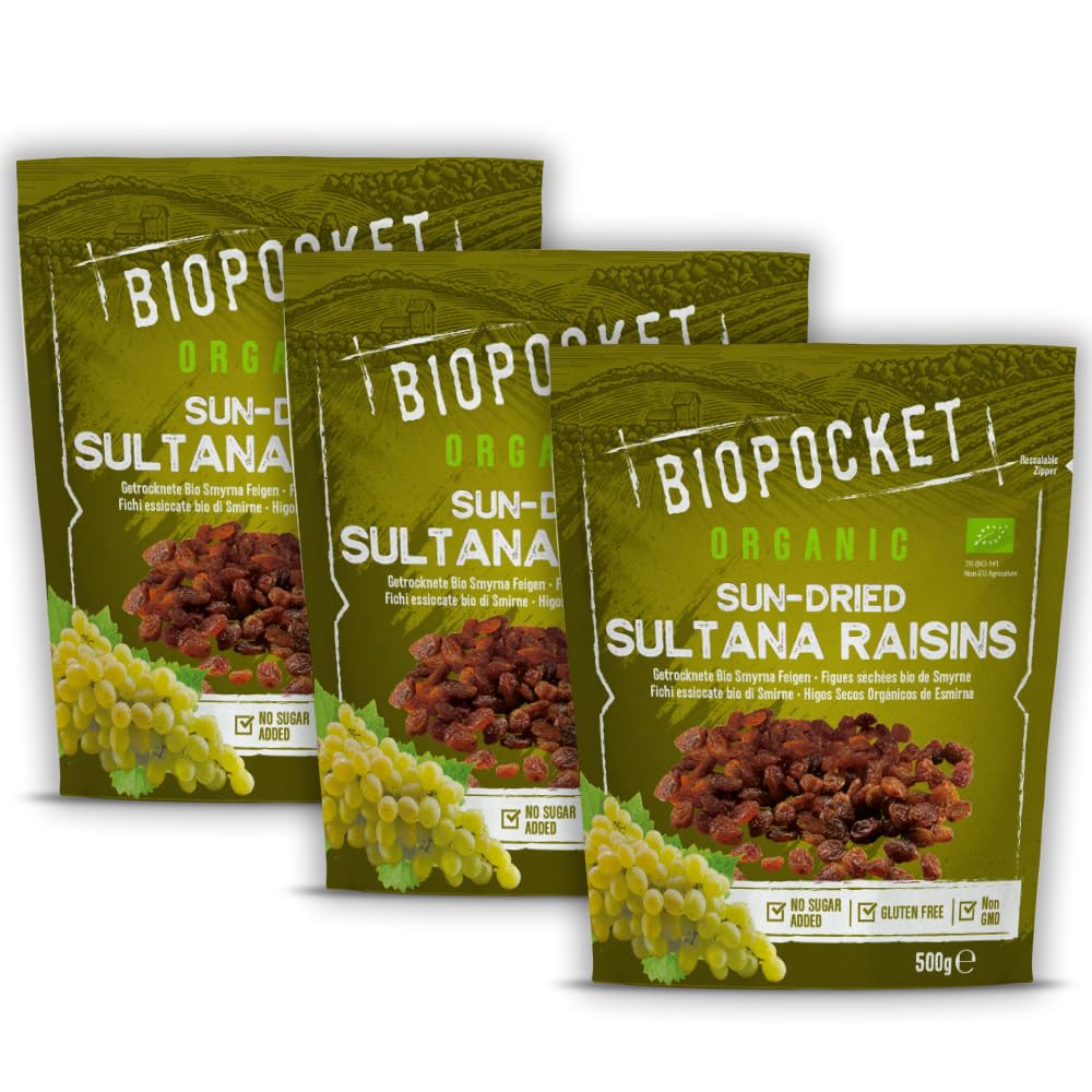 Biopocket Organic Sultana Raisins, 3 x 500 g
