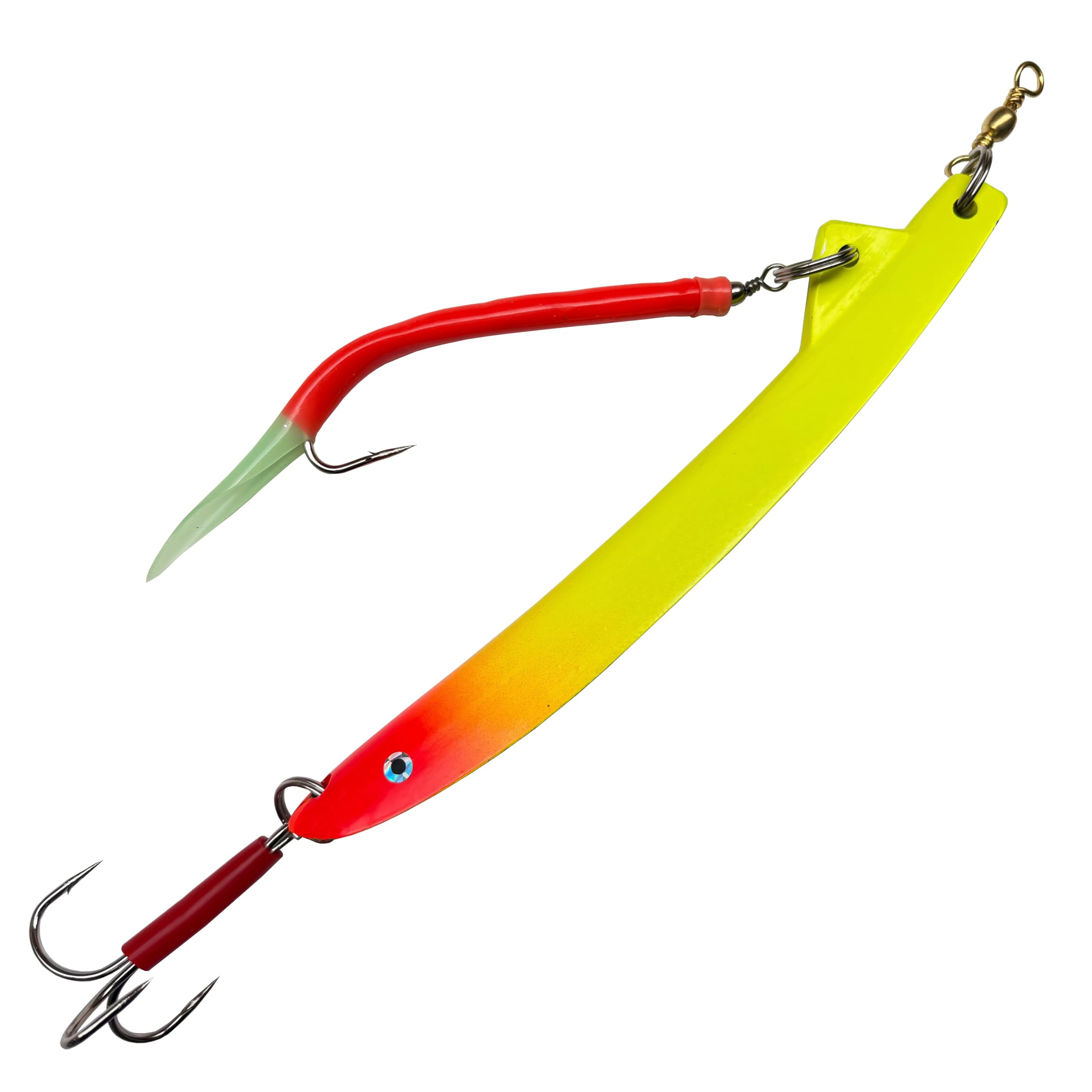 Mega Fishing MF Bergmann Pilker mit Fluo Gummi-Makk BLEIFREI - Taumelpilker Bananenpilker - Norwegen Meeres Köder Dorschköder 200 bis 500g (Rot/Gelb (UV-Aktiv), 500g)