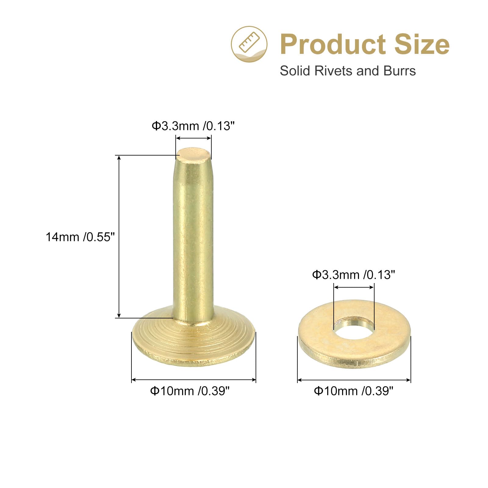 uxcell 50 Set Copper Rivets and Burrs, 10x3.3x14mm Solid Leather Copper Rivet Fastener for Leather DIY Craft Supplies, Gold Tone