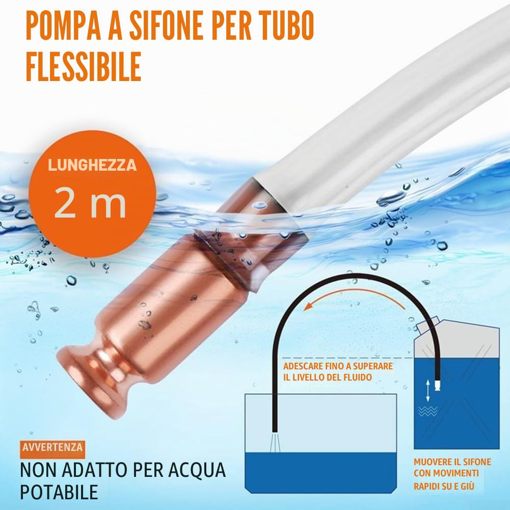 Tubo a sifone autoadescante da 2 m, in PVC e rame, pompa di trasferimento del carburante per benzina, diesel, acqua, birra, vino, sifone manuale per liquidi, per casa, giardino, garage