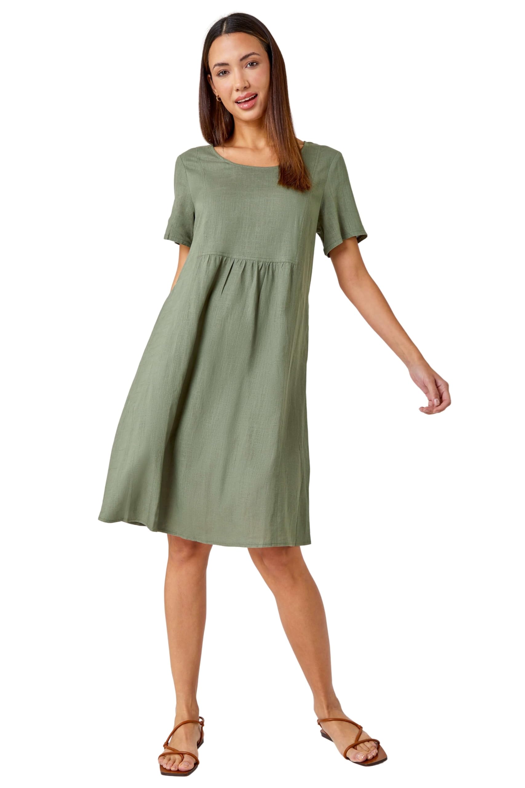 Roman Originals Women's Khaki Relaxed Pocket Dress For Uk - Everyday Holiday Spring Summer Round Neckline Comfy Soft Evening Vacation Work Party - Size 18