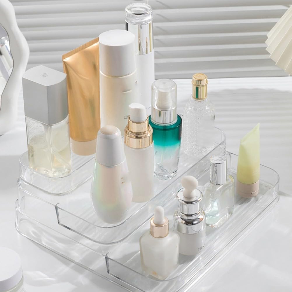 Confezione da 2 organizer in acrilico trasparente con tre ripiani per bottiglie di profumo, cura della pelle e medicine, design a gradini larghi per grandi contenitori, per uso domestico e bagno