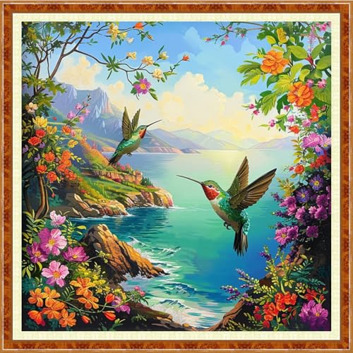 Image of Joyhoor Stamped Cross Stitch Kits for Beginners Needlepoint Kits for Adults Embroidery Kits 11CT Counted Cross Stitch Kits Printed Embroidery Pattern- Seaside Bird Scenery 18x18 inch