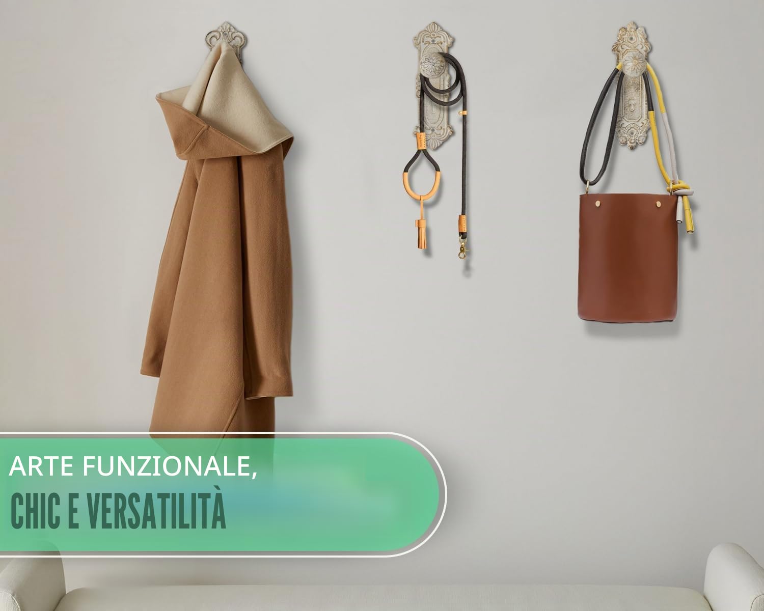 Set di 3 Ganci da Parete in Ghisa Stile Shabby Chic - Colore Bianco Rustico - Viti e Tasselli Inclusi - Ganci Antichi per Appendere i Vestiti