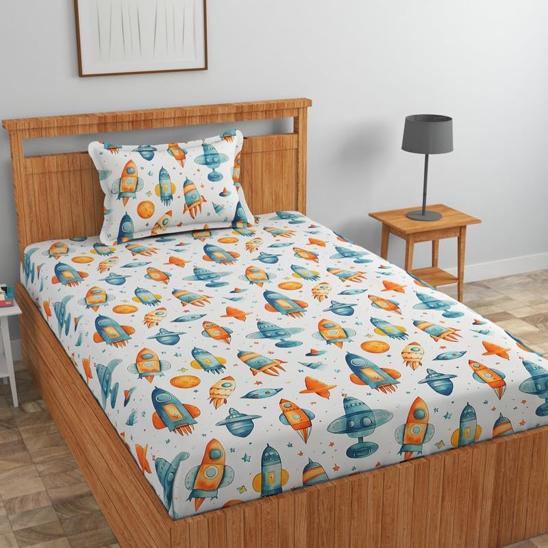 Image of RD FABS Glace Cotton Wrinkle Free Soft Hypoallergenic Single Bed Sheet with 1 Pillow Cover | Cartoon Printed Rocket Design for Boys & Girls Room | 60x90 Inches | White | 144 TC
