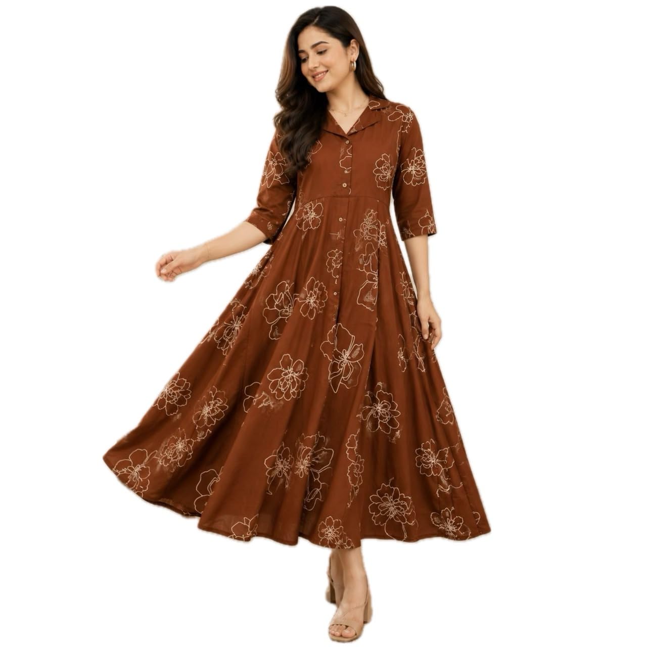 Women's Brown Floral Print Midi Dress with Collar Neck/Pocket-image-15