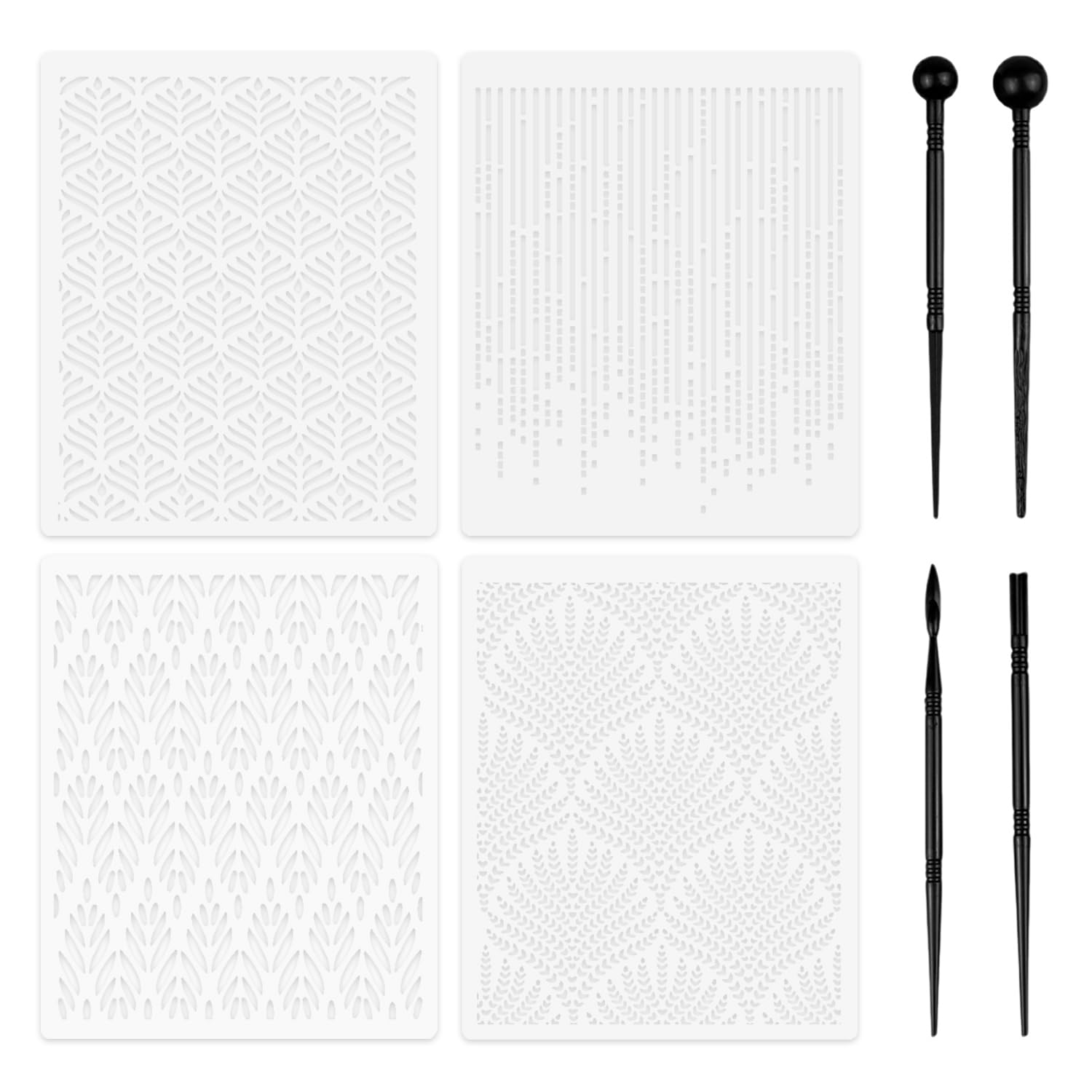 Rnskfg White 4 Piece Floral Templates And 4 Piece Engraving Tools, Cake Decor Templates, Plastic Spray Paint Molds, Reusable, Baking Decor Tools.