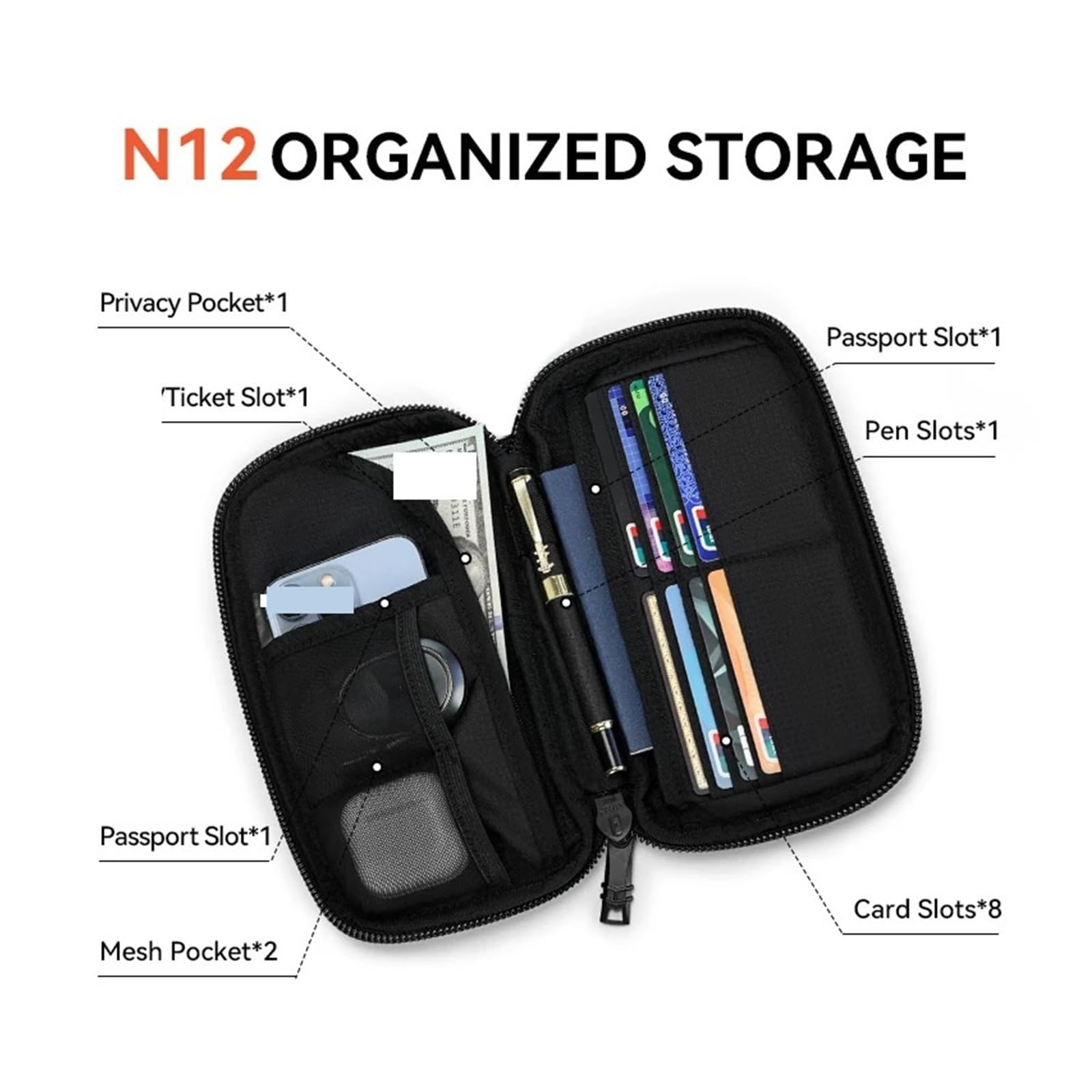 Porta passaporto, organizer da viaggio per carte, biglietti, custodia impermeabile e resistente ai graffi, nero, One Size, Stile unico