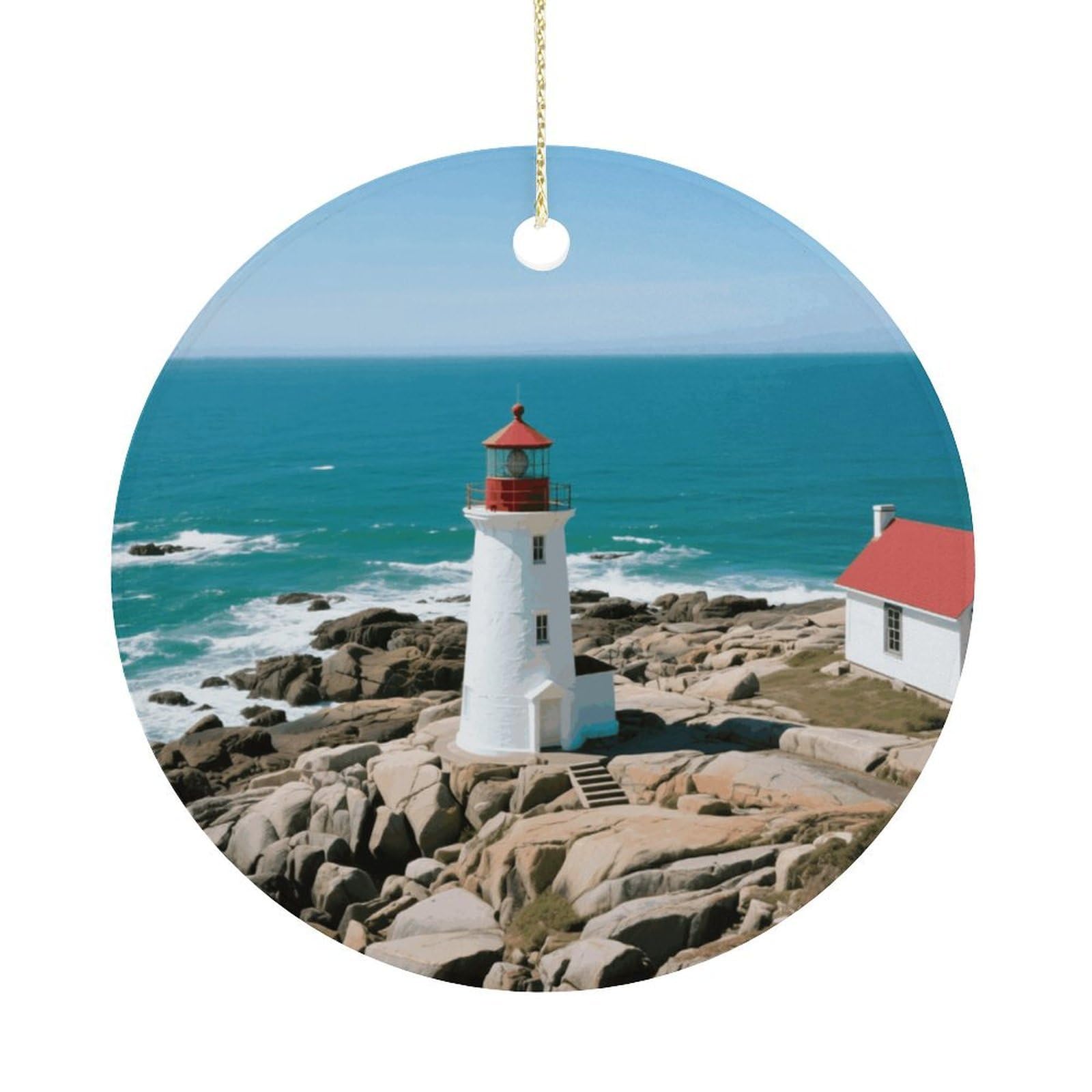 Personalized Christmas Ornaments 2025 Ceramic Hanging Lighthouse Ornaments with Gold String Double-Sided Vintage Holiday Decorations for Tree Mantel Tabletop Xmas Party Favors