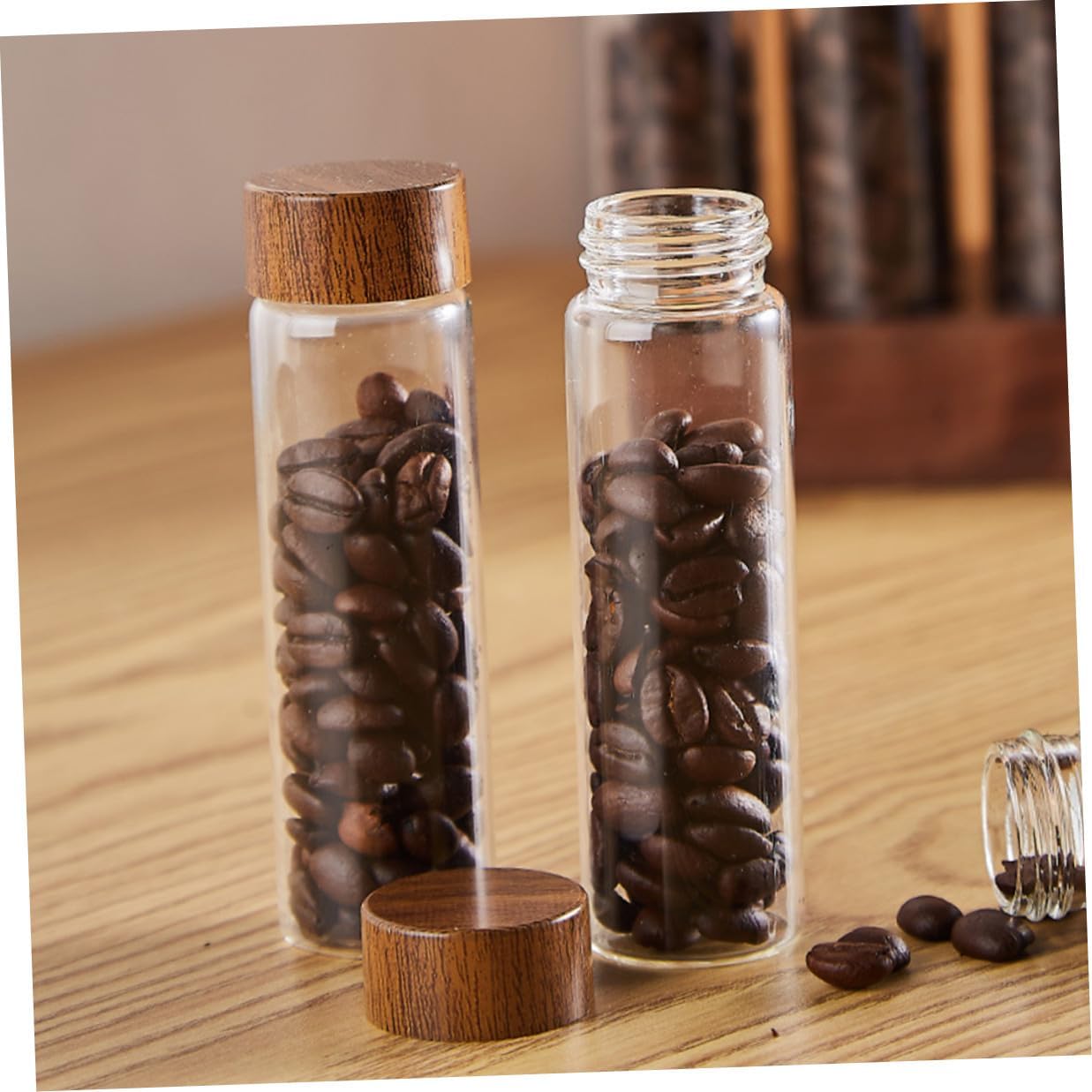Operitacx Coffee Bean Glass Storage Tubes with Wooden Display Stand Airtight Glass Coffee Canisters Set of 6 Large Vials and Kitchen Storage