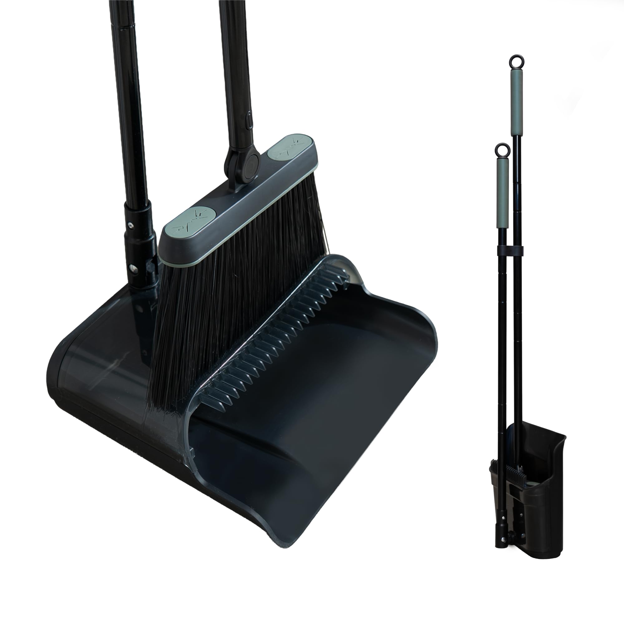 Foxence Black Upright Dustpan And Brush Set With Long Handle, 180° Rotating Broom Head, No Bending Required, Standing Broom And Dustpan Set With Self-Cleaning Comb Teeth, Clip-On Mop Feature