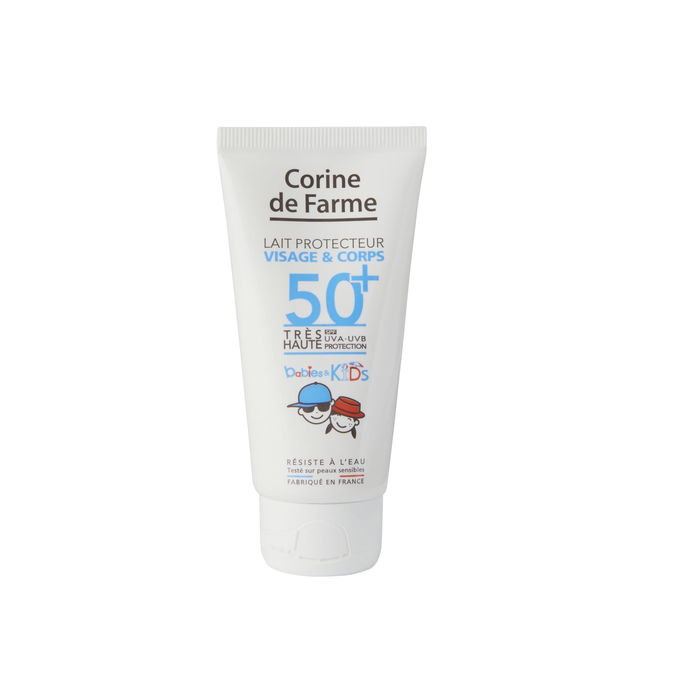 Corine de Farme - Leche Protectora Babies & Kids SPF50+ Bebés y Niños - Muy Alta Protección UVA y UVB - con Monoï de Tahití - Sin Perfume - Tamaño de Viaje 50ml