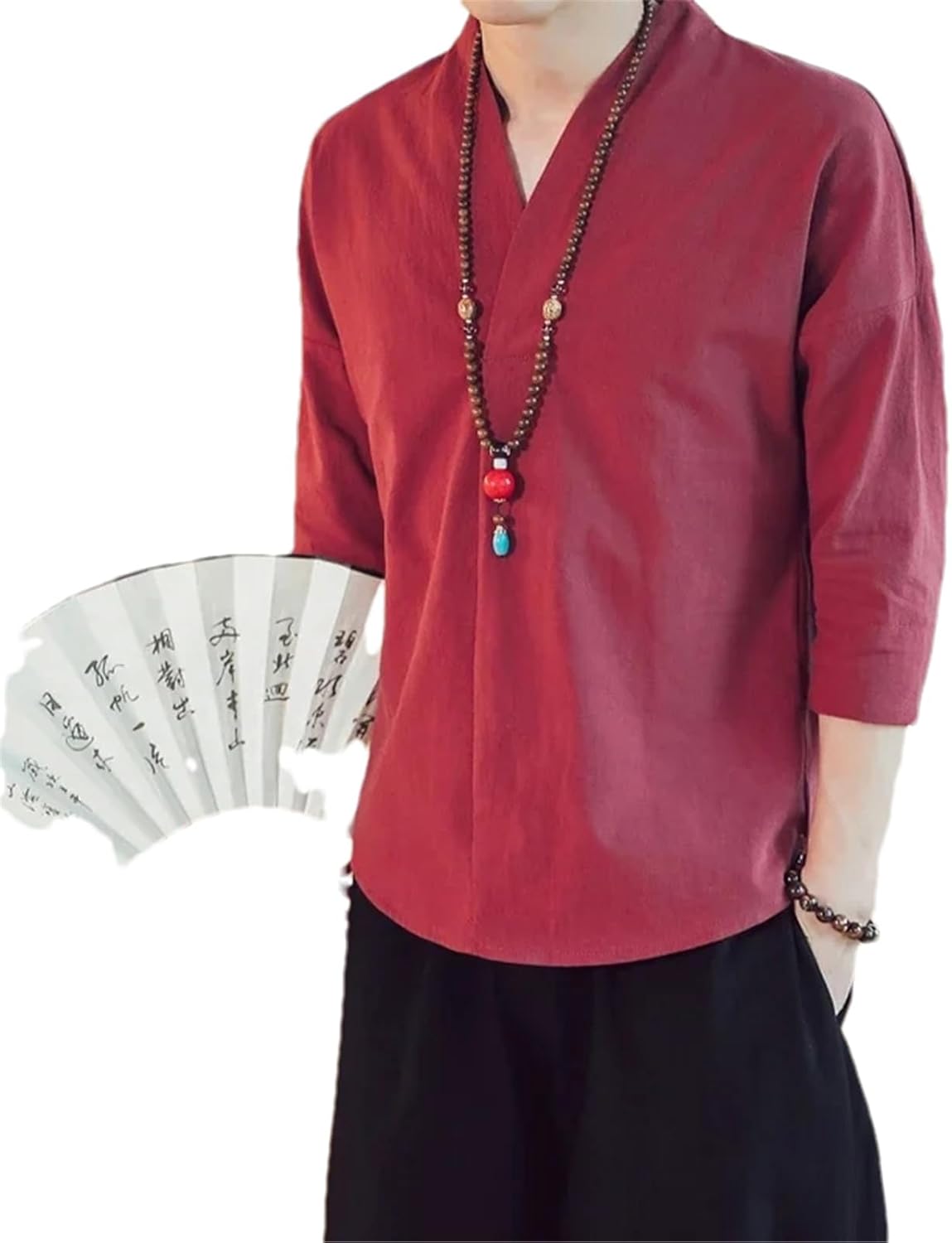 Kimono Japanese Style Men's Short Half-Sleeved Shirt T-Shirt Japanese Summer Tang Suit Cotton and Linen Shirt