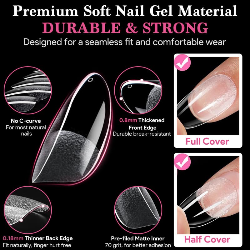 Image of Medium Round Nail Tips, 15 Sizes 510 PCS Clear Gel Tips | 510 PCS clear medium round tips with half-matte full cover, pre-shaped for DIY beginners and salons.