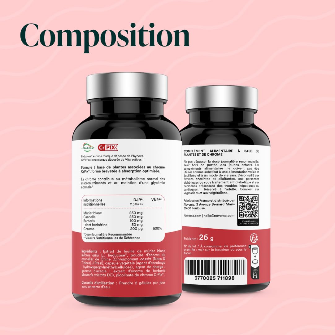 NOVOMA Formule Glycémie 200 µg de Chrome, Complexe avec Reducose® et Chrome CrPix®, Équilibre Métabolique et Gestion du Poids, Cure de 1 mois, Fabriqué en France