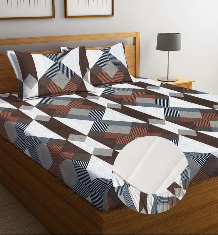 Image of la'amour Cotton Elastic Fitted Bedsheets with 2 King Size Pillow Covers Double Bed with All Around Elastic Supersoft Size - 72 King Sizex78+10 inches Color - Brown White