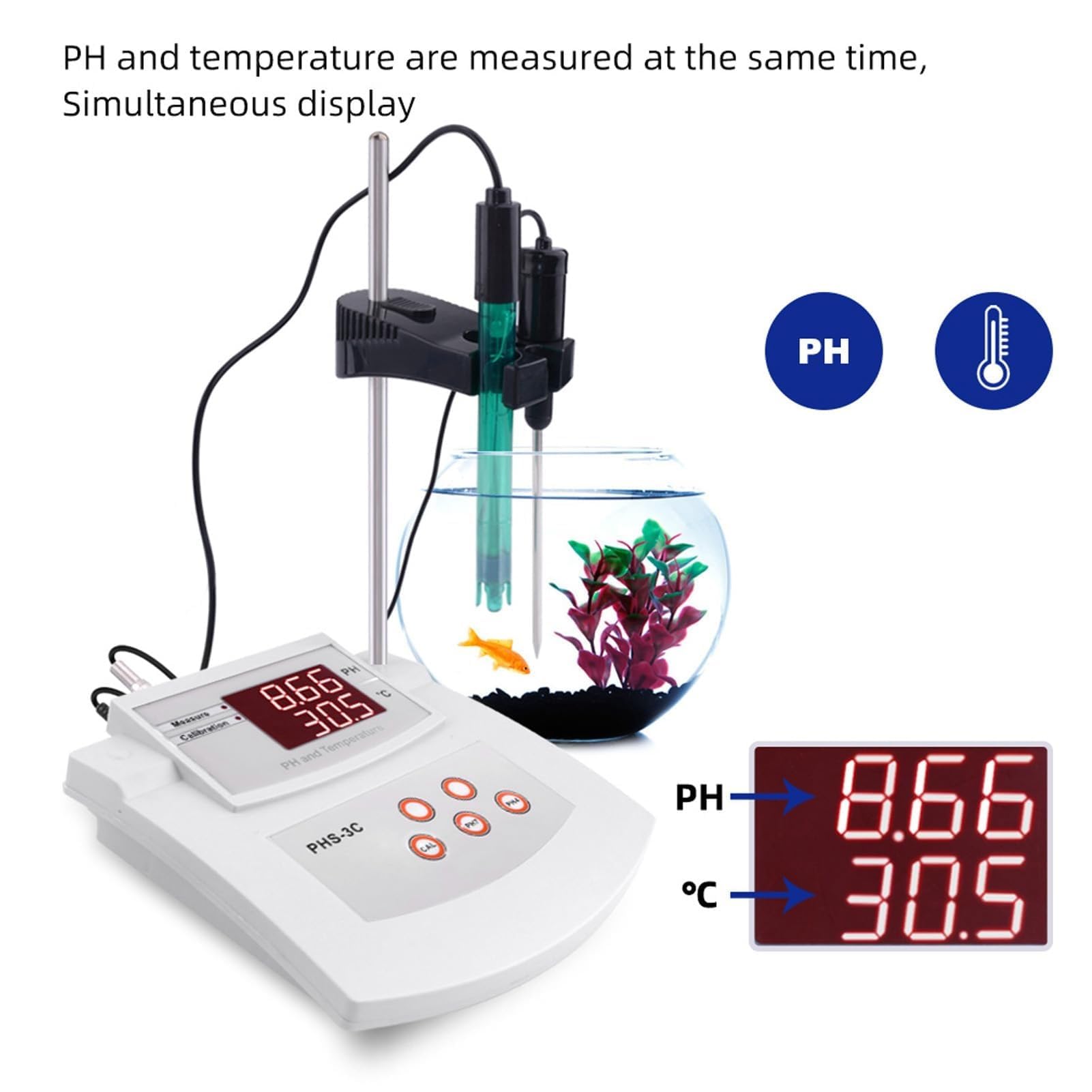 Testeur d'acidité, pH mètre de laboratoire avec compensation de température, stockage de données et double écran LCD pour aquarium, laboratoire et ferme