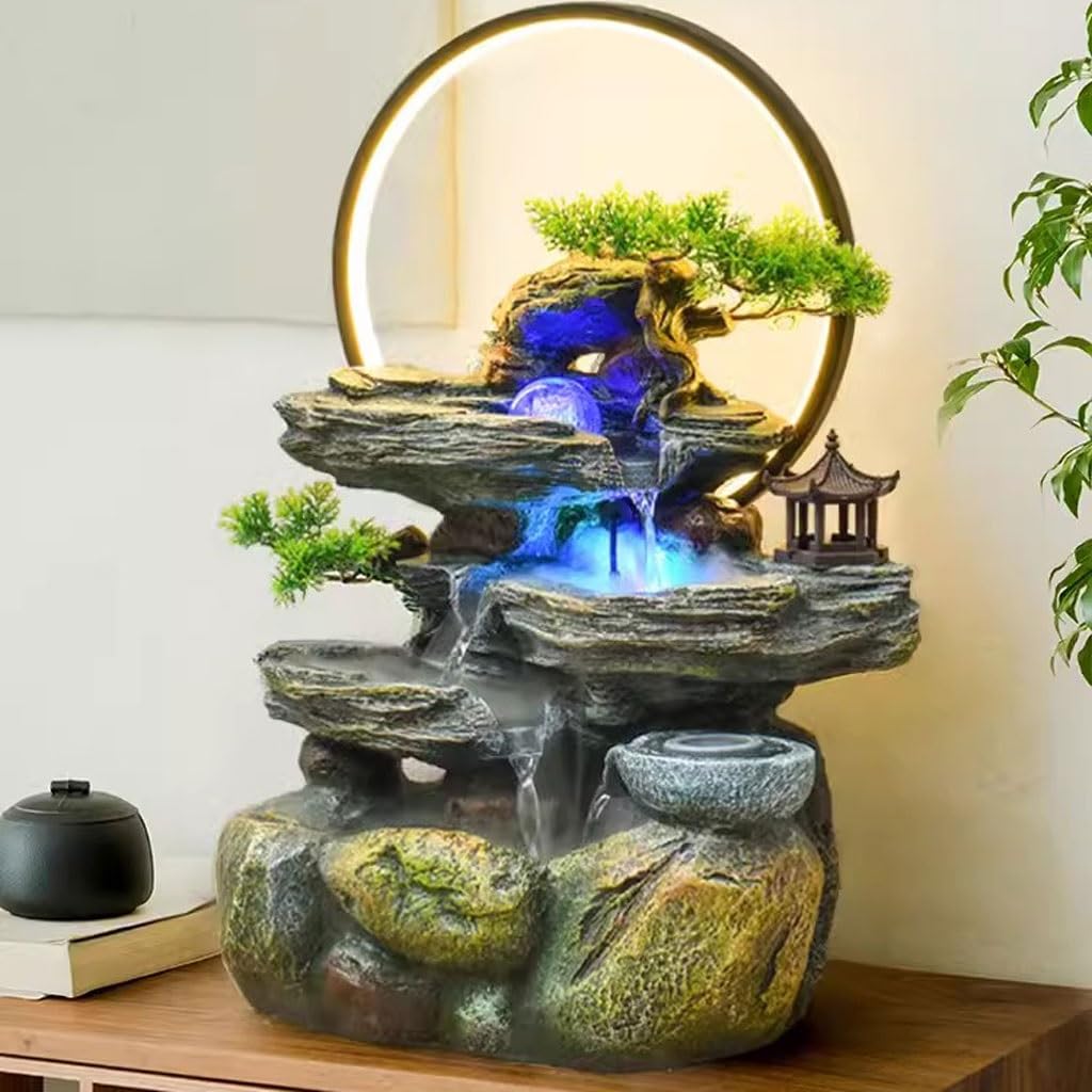 Fuente De Interior Rocalla Agua Corriente Fuente de Escritorio Adornos Agua circulante característica Sala de té Escritorio Fortuna Feng Shui Rueda Fuente De Sobremesa