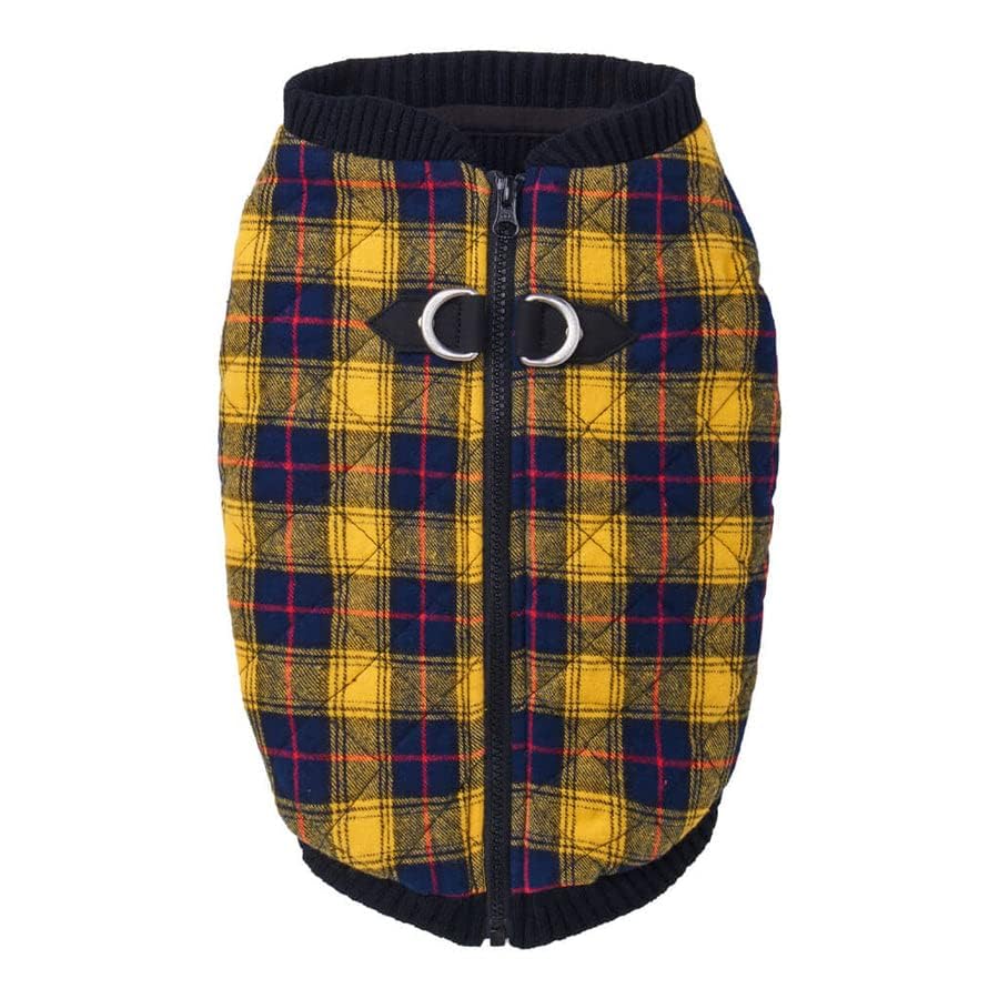 Image of Gooby Fashion Vest Check Dog Jacket, Yellow Check, Large | Checkered quilted bomber, water-resistant; Stretch knit bottom; Dual D-ring leash; Pain-free zipper guard