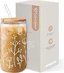 Floral Cup 16 Oz Can Glass with Bamboo Lid and Straw - Flower Glass Cup Gifts for Women - Wildflower Drinking Coffee Gifts