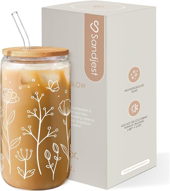 Floral Cup 16 Oz Can Glass with Bamboo Lid and Straw - Flower Glass Cup Gifts for Women - Wildflower Drinking Coffee Gifts