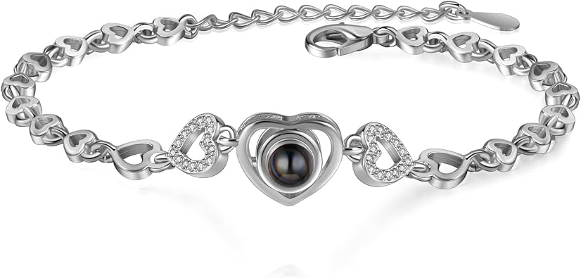 Jeweidea Custom Bracelet with Picture Inside, Personalized Projection Heart Chain Link with Photo, Memorial Gifts for Women