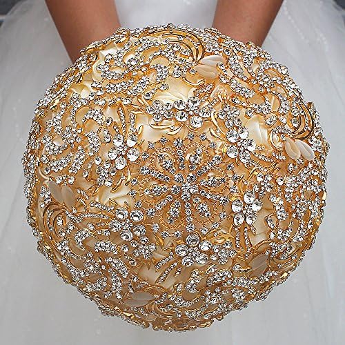 Wedding Bouquet with Golden Luxury Artificial Diamond,Set Including Bouquets, Wrist Flowers,Corsage for Your Wedding with Full Hand-Made (Gold+Ivory)