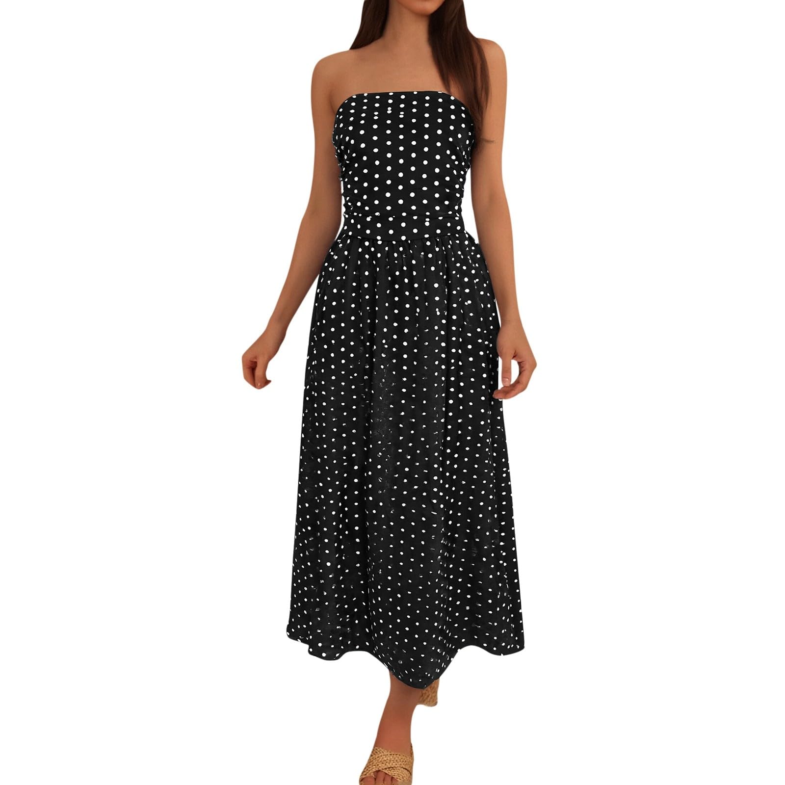 Generisch Abito estivo da donna per il tempo libero, elegante, maxi abito con pois, scollo a spalle scoperte, gonna a gradini fluente, schiena increspata