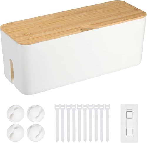 Caja organizadora de cables Caja organizadora de cables con tapa de madera para montaje en pared, para regletas de alimentación, cargadores, cable