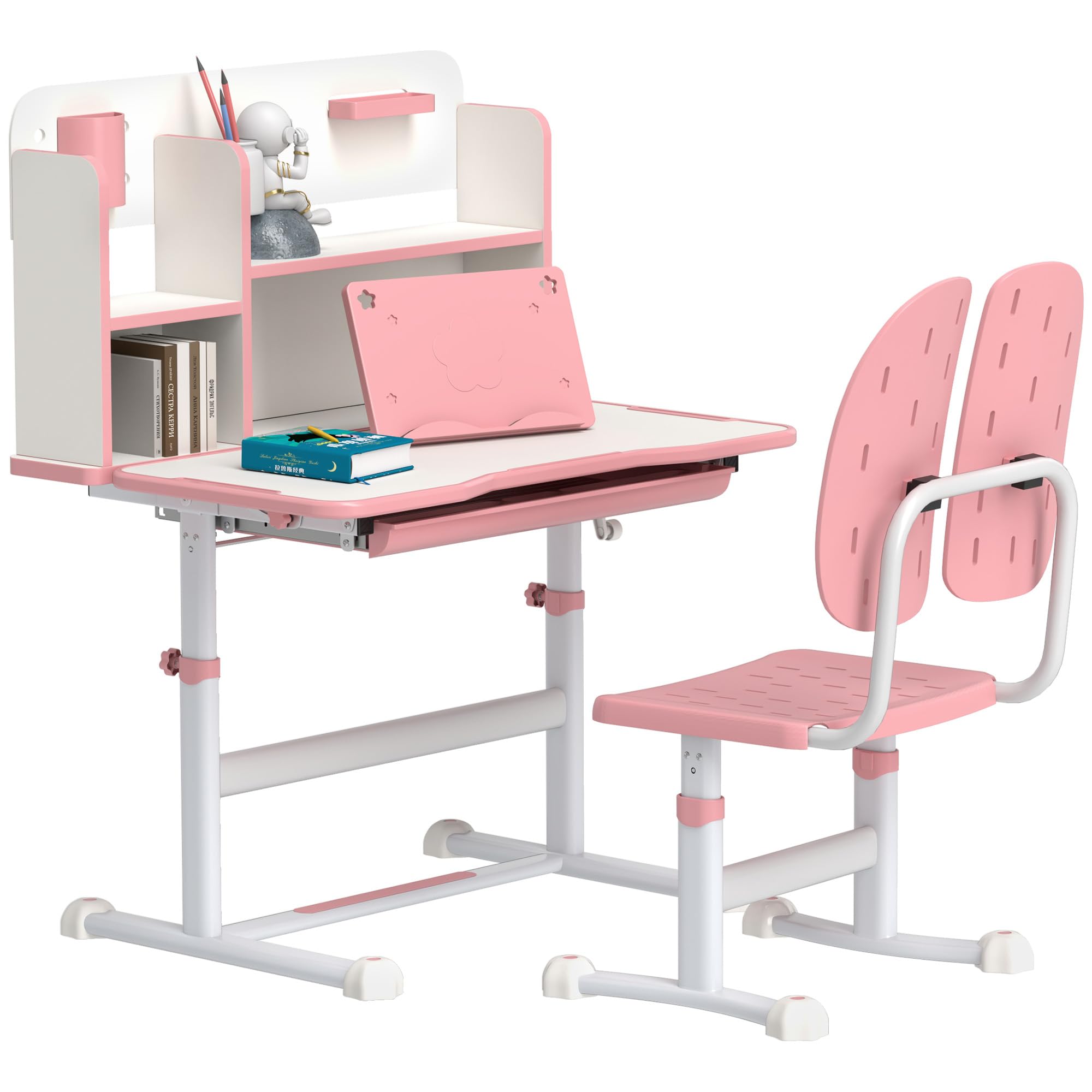 Aiyaplay Pink Kids Desk And Chair Set W/ Tiltable Desktop Reading Rack