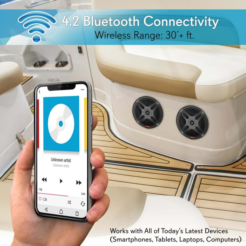 Kit Set para Pyle PLMRBT65B, 2 Altavoces Marinos coaxiales 2 vías con Bluetooth, 16,5 cm 6,5", 300 vatios RMS, 600 vatios máx., 4 ohmios, Resistentes Agua, Pareja + Cables y Tornillos gratuitos