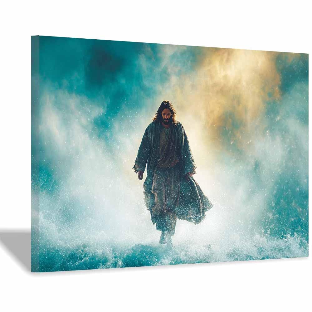 ZAMAEIU Jesus Art Pictures Posters Prints Holy Treading Waves Religious Paintings, Wall Decor for Church,Prayer Room,Christians, Schools, Hospitals(blue)-50x70cm Framed