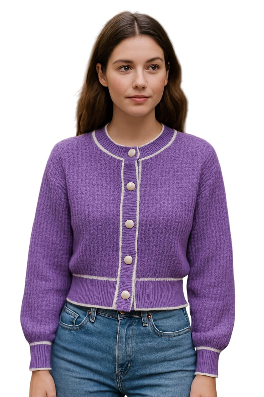 mystify Women's Textured Knit Cropped Cardigan Sweater, Button Front Design with Contrast Trim, Long Sleeve-picture-40