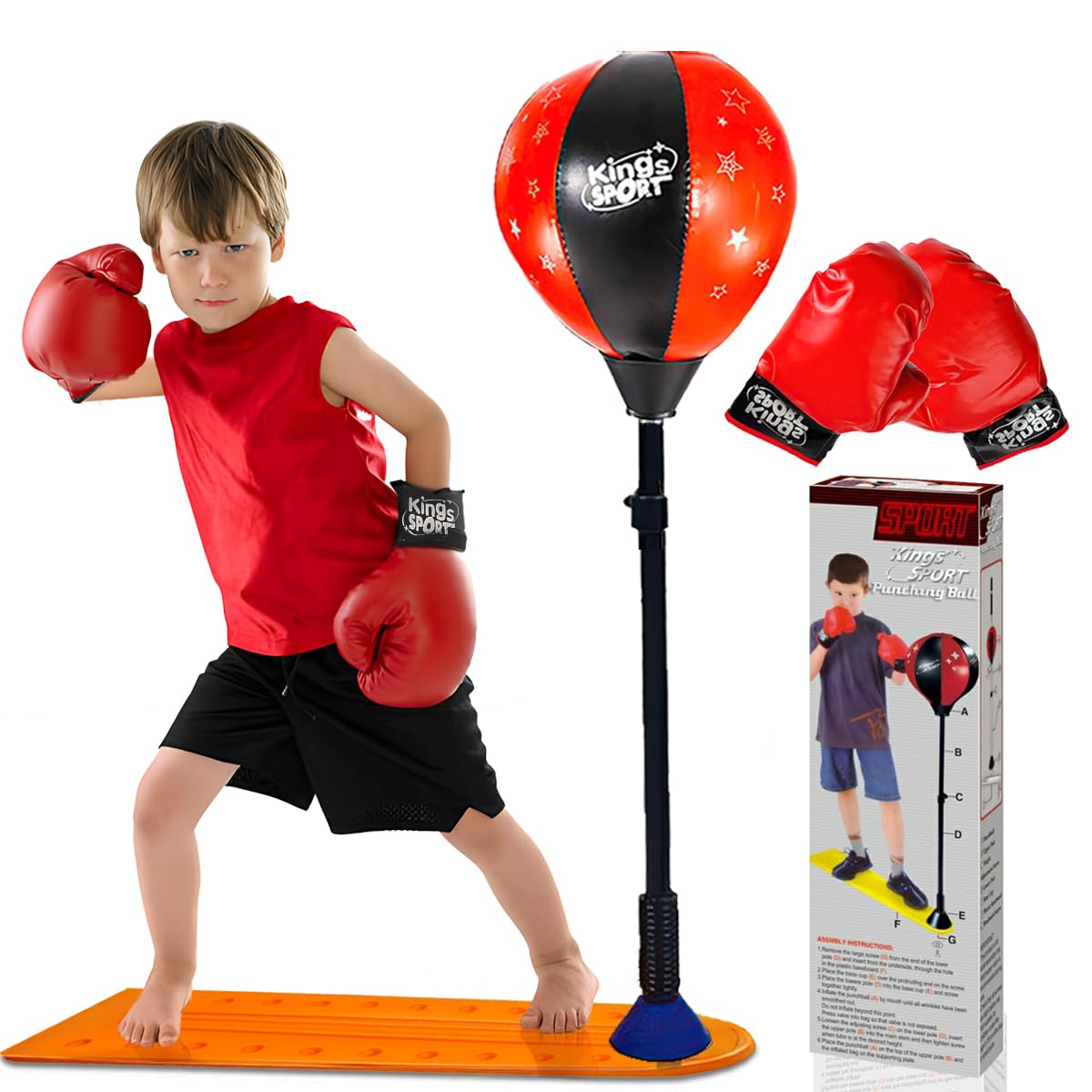 King Sport Kid’s Free Standing Boxing Punching Bag Ball Play Set with Gloves Air Pump Adjustable Height, Boxing Punching Training Exercise,