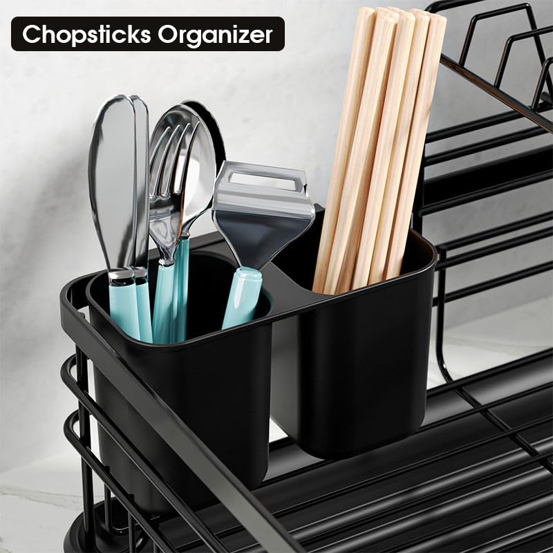 Image of ZROY 2-Tier Large Capacity Dish Drying Rack with Drain Tray - Rust-Resistant Steel Kitchen Organizer with Utensil Holder, Plate Stand & Cup Storage for Countertop (Black Rack 2-Tier)