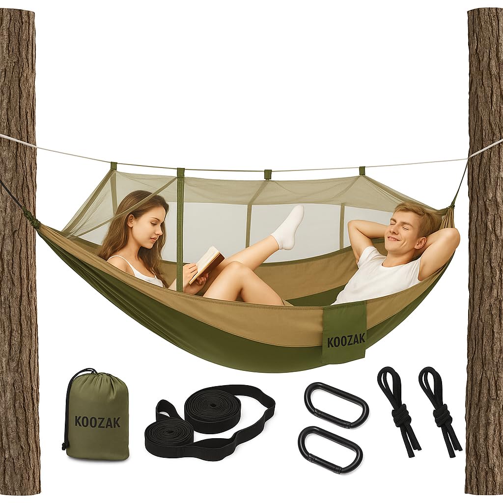 ZOLTA Hängematte zum Aufhängen mit Moskitonetz - mit Beutel und Karabinerhaken - für 2 Personen 260 x 140 cm - Belastbarkeit bis 180 kg, für Terrasse, Balkon, Garten, Outdoor, Camping Survival
