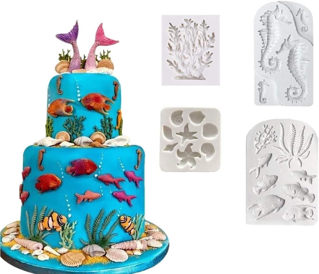 Joinor Marine Theme Silicone Fondant Mold, Seaweed, Coral, Fish DIY Handmade Baking Mold Mermaid Theme Cake Decorating Sugarcraft Mold