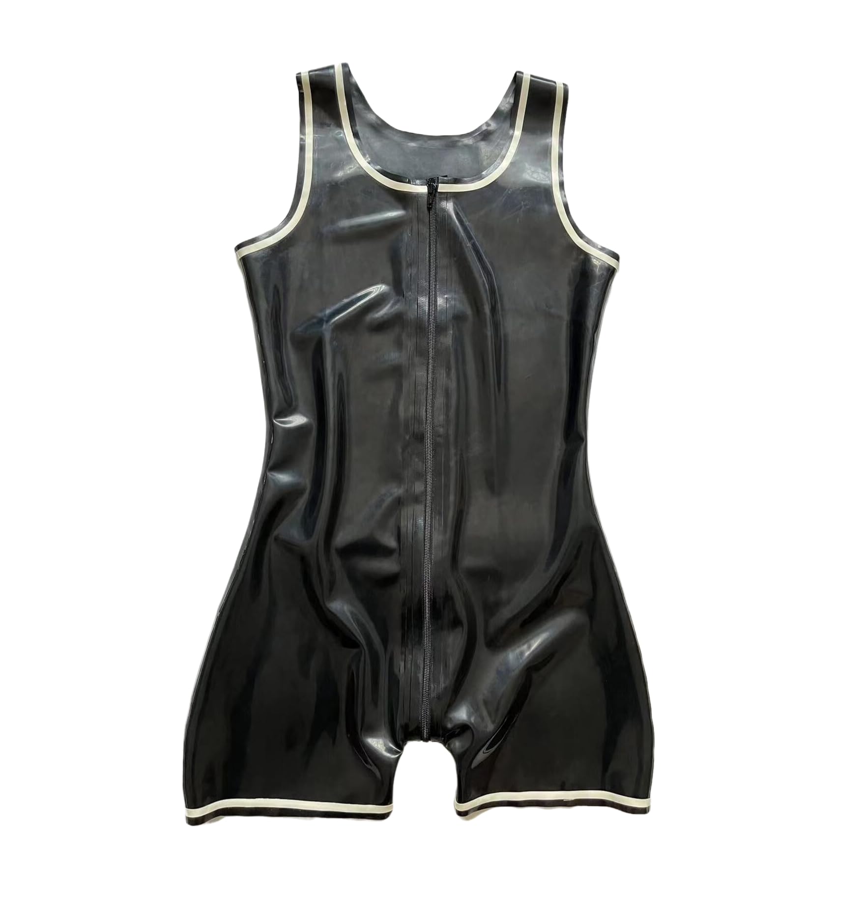Body da uomo sexy in lattice di gomma senza maniche, stile canotta, con cerniera sul cavallo