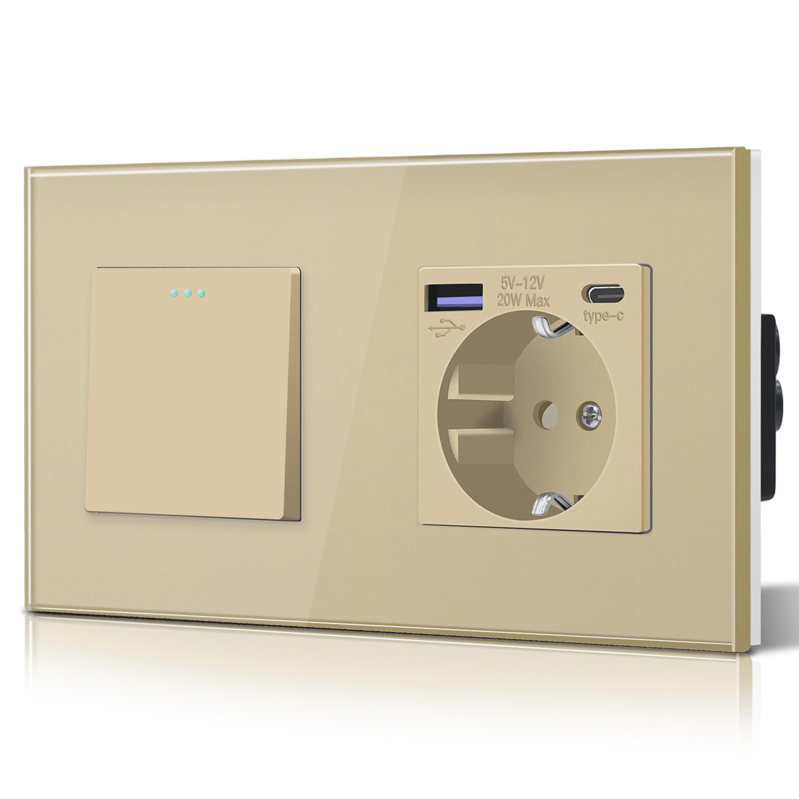 BSEED Enchufe Pared con 20W USB y Tipo C,Enchufe USB C de Cristal,Carga Rápida,3 en 1，Fácil Instalación,1 Enchufe,86mm Blanco — view 8