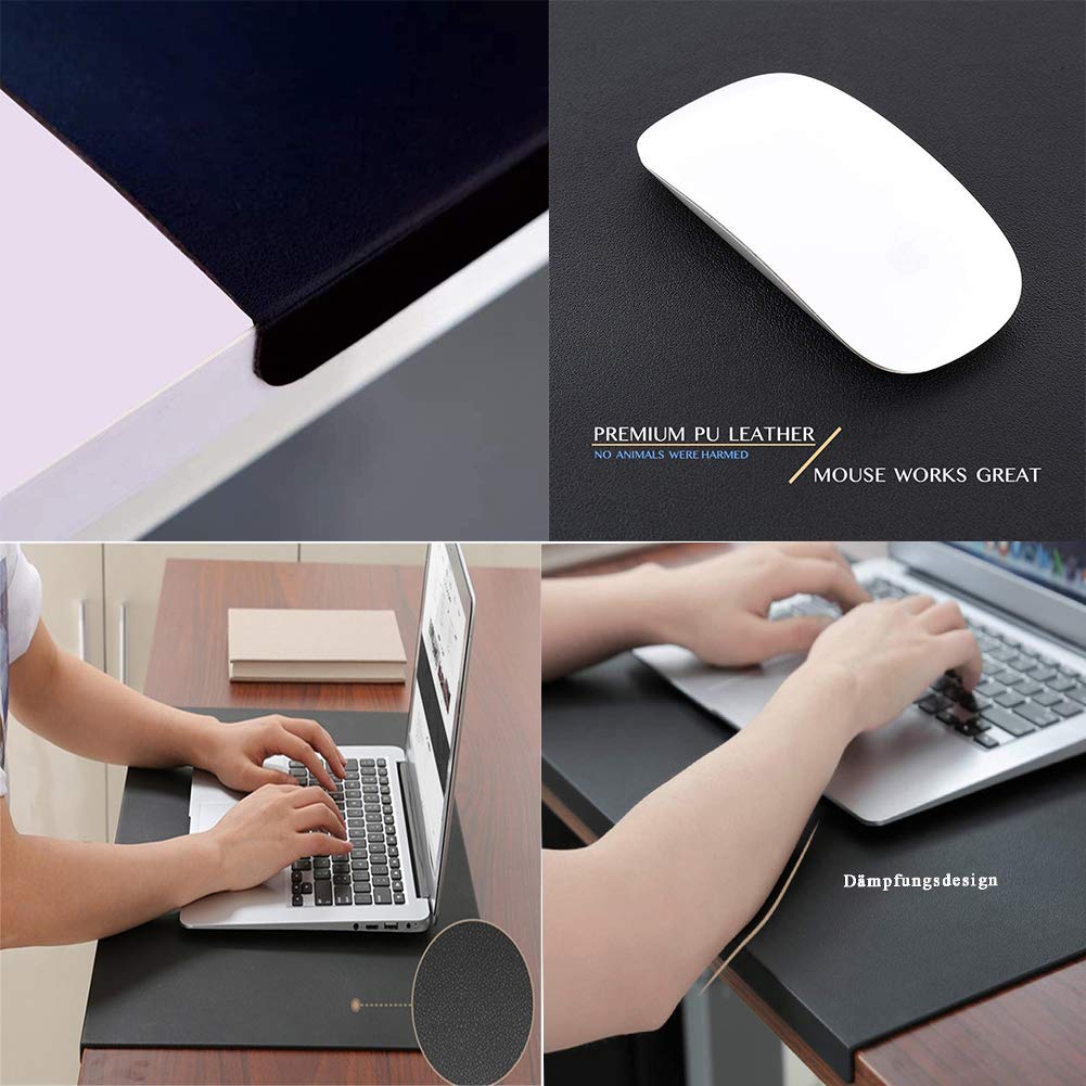 Schreibtischunterlage mit Kantenschutz gewinkelt / 90° abgewinkelt Rutschfeste Weichem Leder Schreibunterlage Mausunterlage für Büro Hause Office Laptop PC Pad, 120 x 60 cm, Schwarz