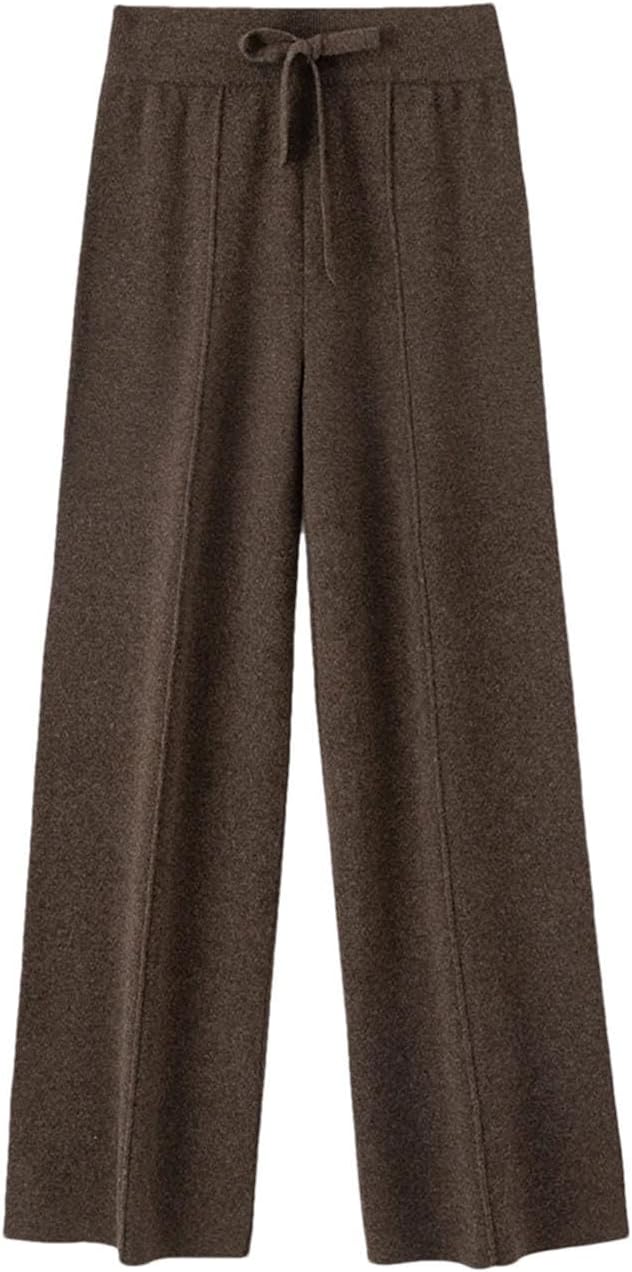 Women Wide Leg Pants Elastic Waist 100% Merino Wool Knit Trousers Winter Lace Up Lounge Bottoms