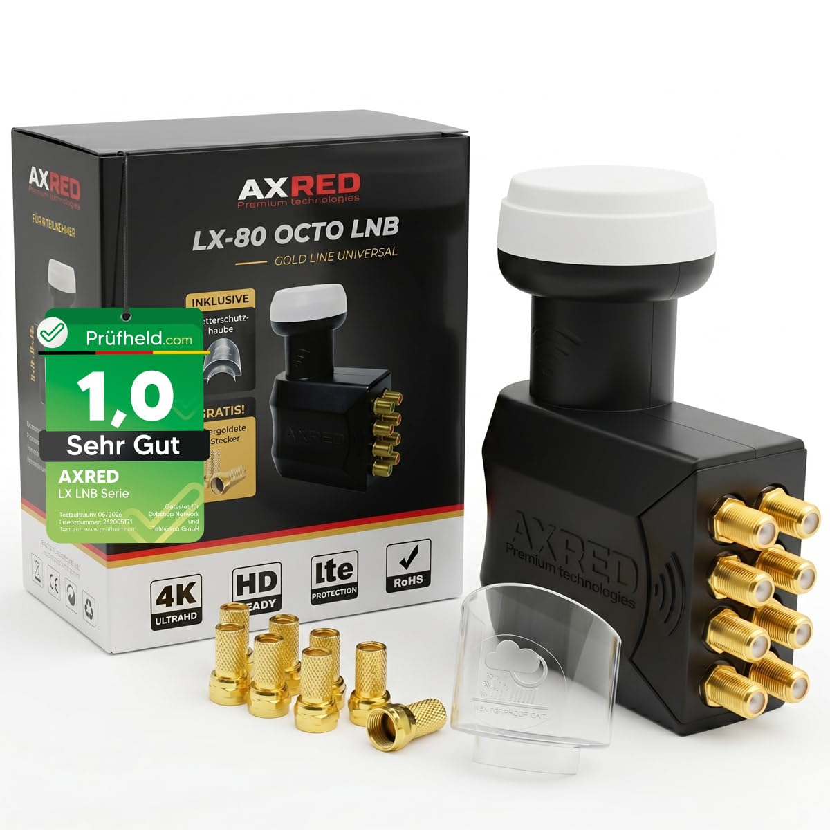 [ Test SEHR GUT, Note 1.0 *] AXRED Octo LNB + Wetterkappe + 8X F-Stecker, Digital 8Fach 4K HD LMB für 8 Teilnehmer mit Wetterschutz Abdeckung, für Fernseher Sat Receiver Satellitenschüssel