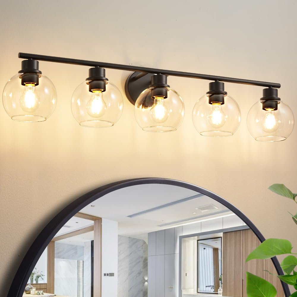 Bathroom Light Fixtures Over Mirror 5-Lights Bathroom Vanity Light with Clear Globe Glass Shade 37.4 inch Modern Black Vanity Light Wall Sconce Vanity Light Bathroom Light for Bath
