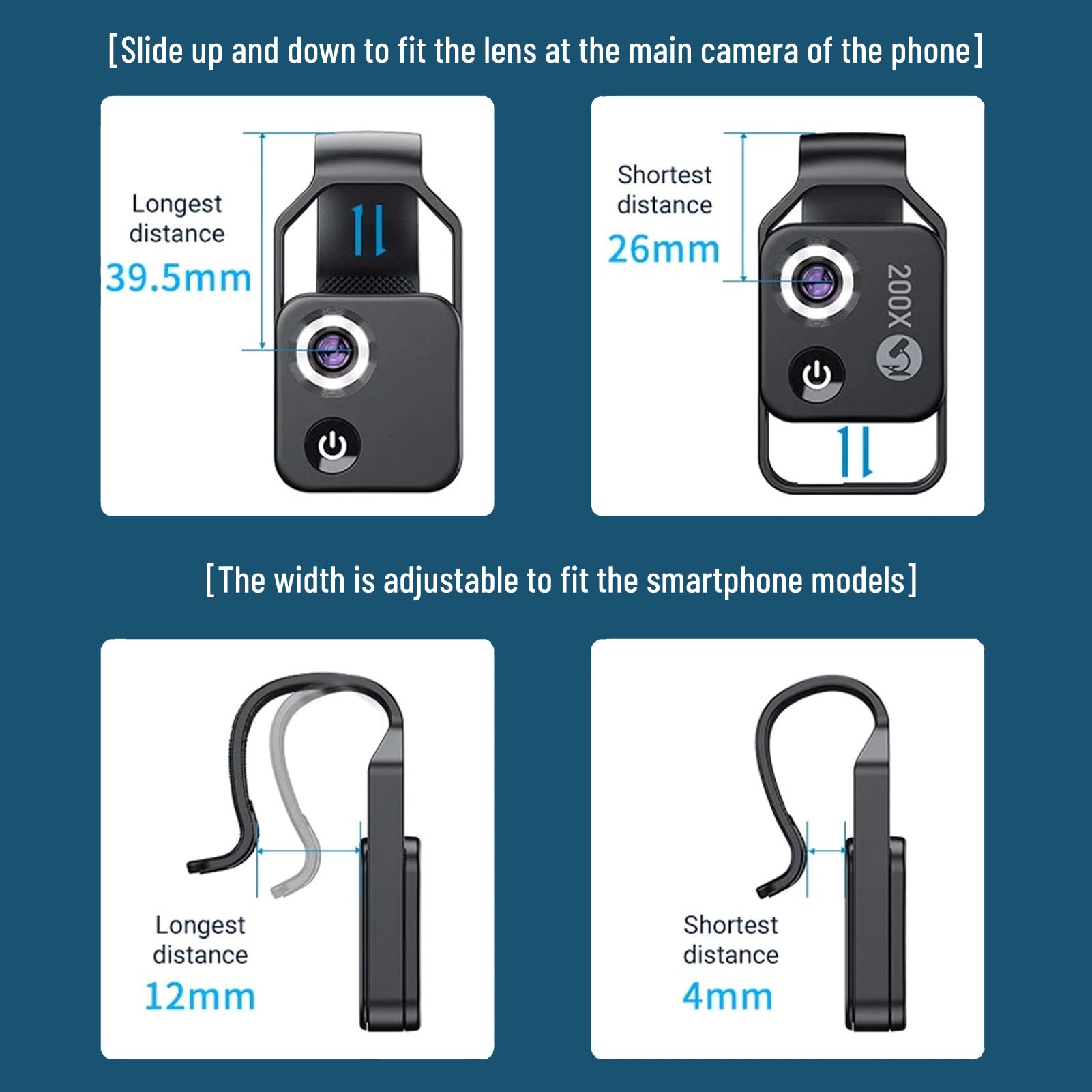 Diyeeni Microscopio per Telefono da Tasca, Zoom Clip 200X Lente di Lente di Lente Microscopio CPL con Luce LED, Lente Microscopica Portatile per iPhone per Samsung per Huawei per Google(nero)