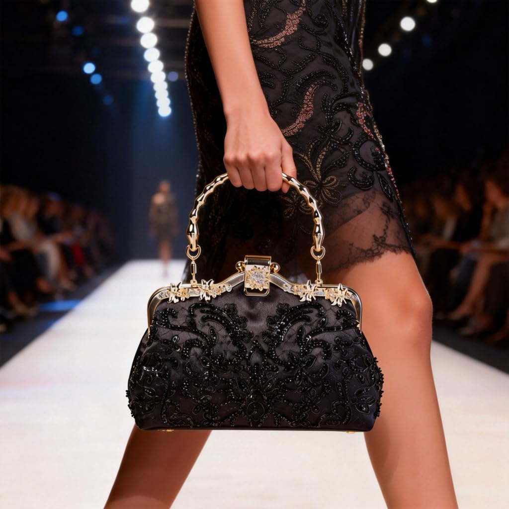 Evening Clutch Bag for Women Detachable Chain Strap Top Handle Beaded Evening Bag