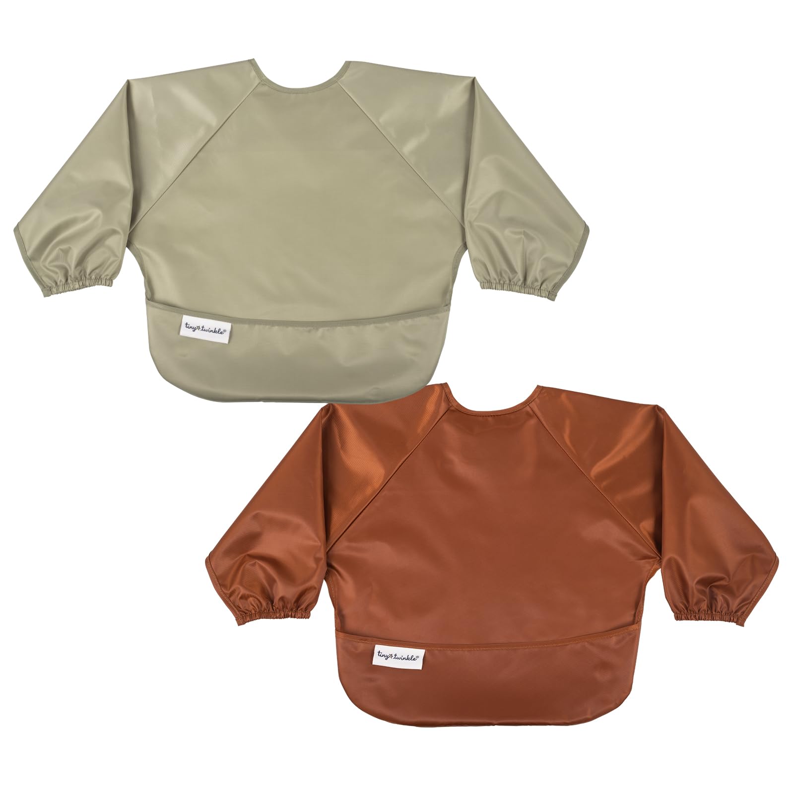 Tiny Twinkle Mess Proof Baby Bibs, 2pk Waterproof Smock Baby Bibs for Eating, Machine Washable Long Sleeve Bibs, Baby Led Weaning, Toddler Bibs, BLW Supplies (Brown Khaki, Small 6-24 Months)