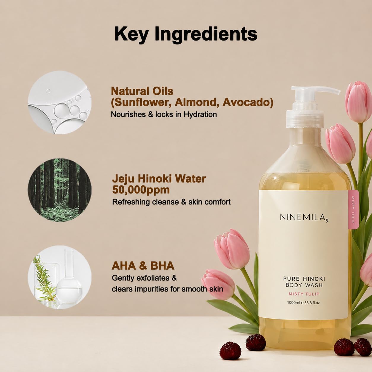 NINEMILA Pure Hinoki Body Wash with AHA & BHA, 1000ml