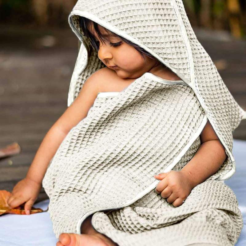 Image of Waffle Baby Blanket with Hood | 100% Cotton Muslin Baby Towel | Soft & Lightweight Newborn Swaddle Wrap (36x42 Inches, Dark Grey)