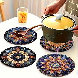 4 PCS Mandala Wooden Trivets, Vibrant Heat Resistant Placemats and Hot Pads for Kitchen Countertop Protection, 6-Inch Boho Style Wooden Hot Plate Holders, Unique Gift Ideas for Women