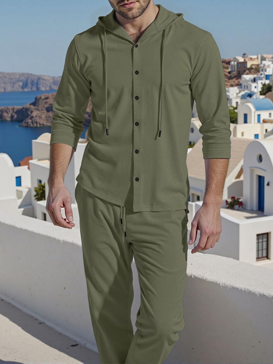 Ensemble Chemise Pantalon Homme Texturé Leger Vetement Casual Chic Ete Survêtement Tenue De Sport Ample Confortable Costume Maison